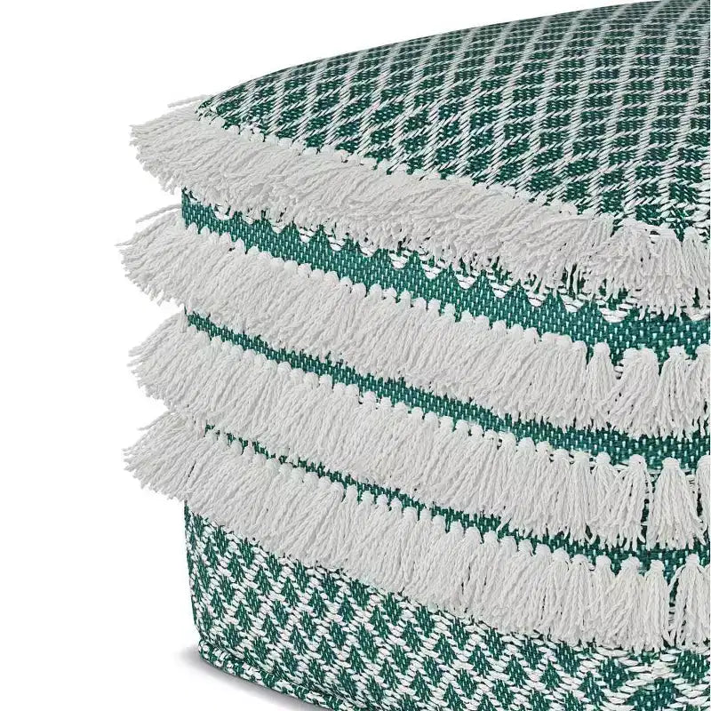 Ari Square Woven PET Polyester Pouf Turquoise/White
