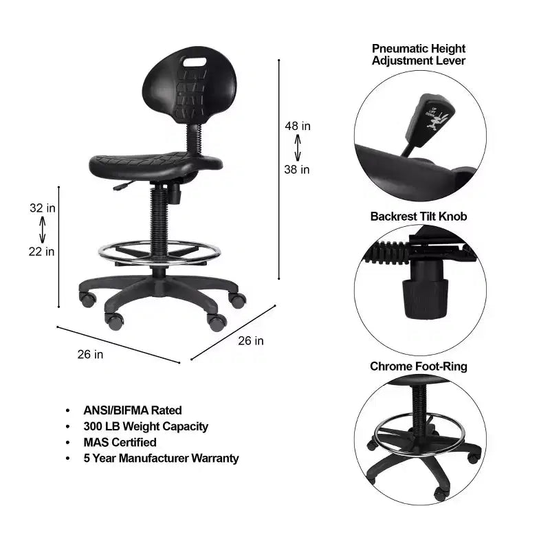 Sedia ergonomica in poliuretano con altezza regolabile da 56 a 81 cm: girevole, supporto lombare, ruote