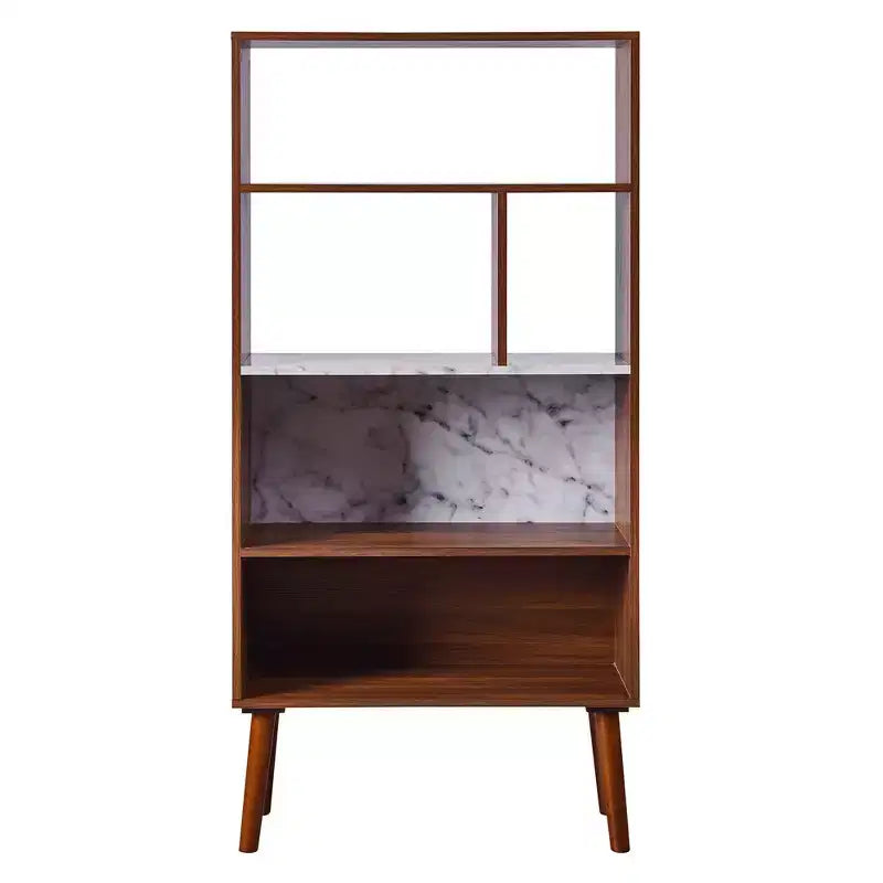 Libreria Kingston da 58" con ripiano effetto marmo e gambe in legno massello colore noce: Stile mid-century, 4 ripiani aperti
