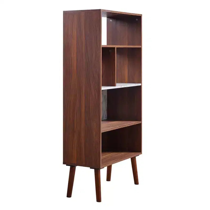 Libreria Kingston da 58" con ripiano effetto marmo e gambe in legno massello colore noce: Stile mid-century, 4 ripiani aperti