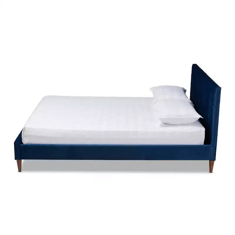 Queen Frida Platform Bed Navy Blue: Mid-Century Design, Tapered Legs, Velvet Upholstery