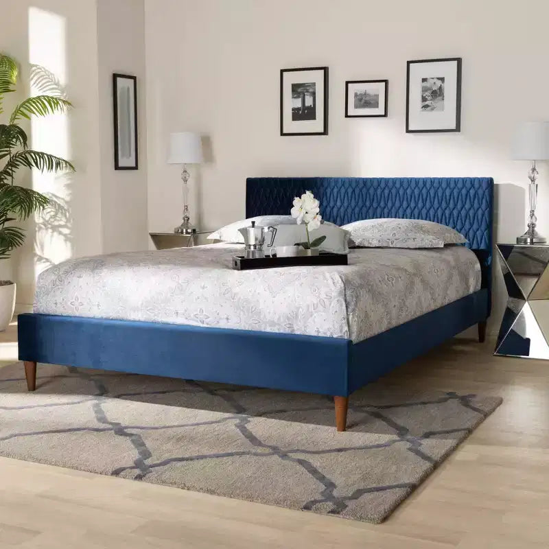 Queen Frida Platform Bed Navy Blue: Mid-Century Design, Tapered Legs, Velvet Upholstery