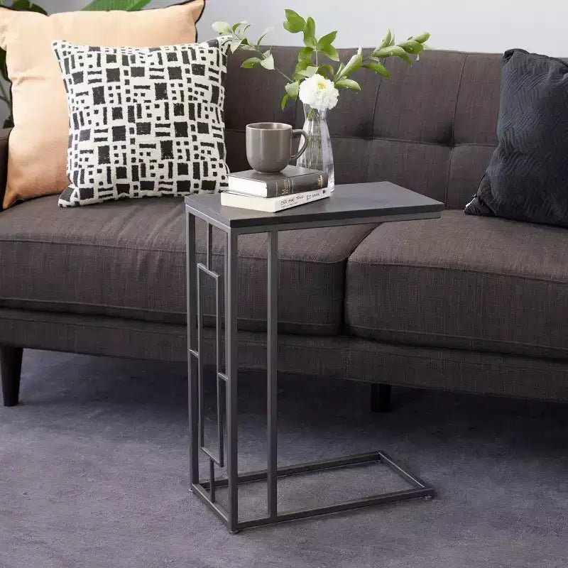 Tavolino d'appoggio contemporaneo in ferro e legno grigio scuro