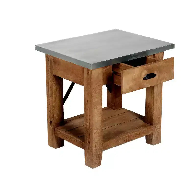 Tavolino con cassetto: Moderno metà secolo, struttura in legno massello marrone, piano in metallo argentato, 56 cm x 46 cm x 56 cm