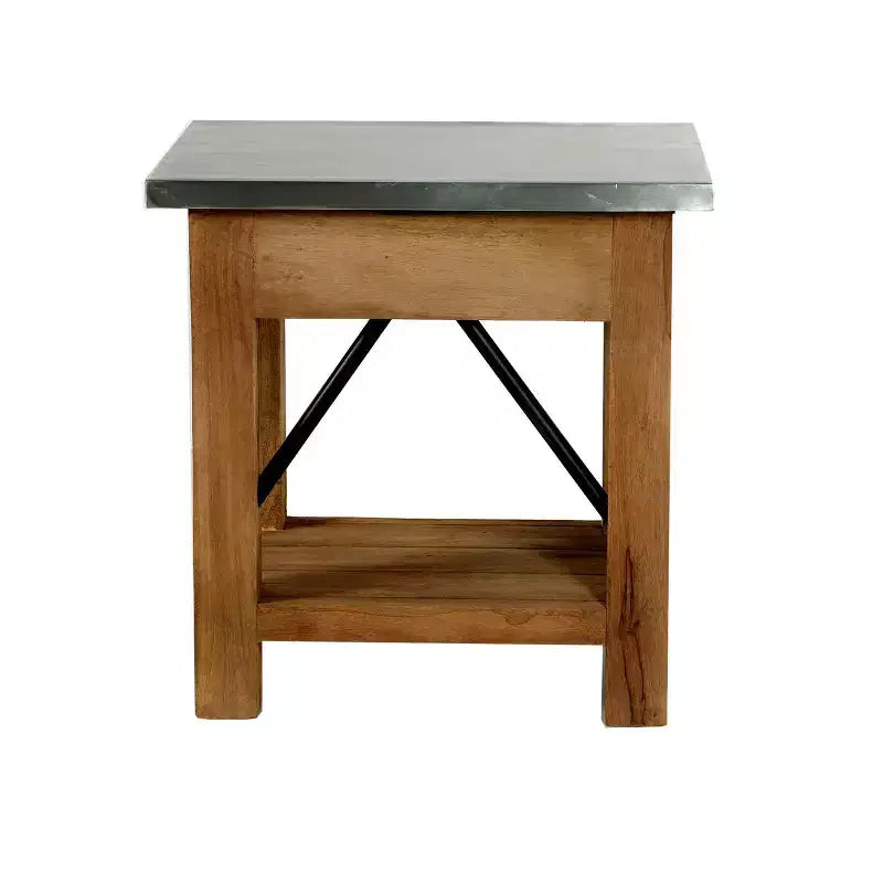 Tavolino con cassetto: Moderno metà secolo, struttura in legno massello marrone, piano in metallo argentato, 56 cm x 46 cm x 56 cm