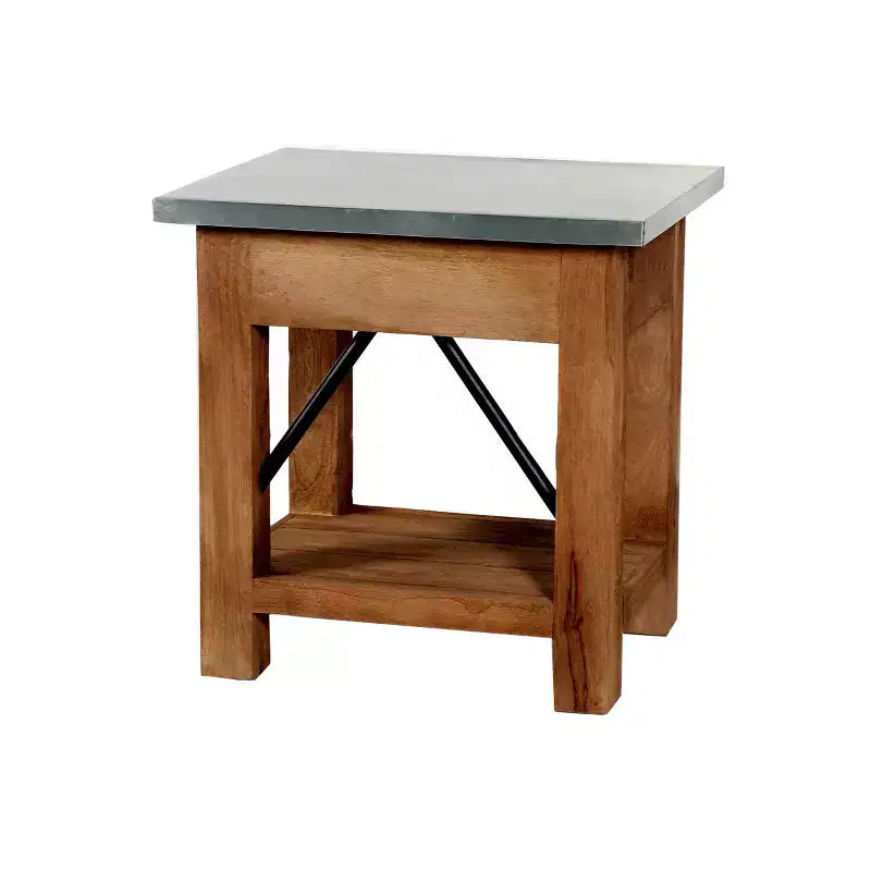 Tavolino con cassetto: Moderno metà secolo, struttura in legno massello marrone, piano in metallo argentato, 56 cm x 46 cm x 56 cm