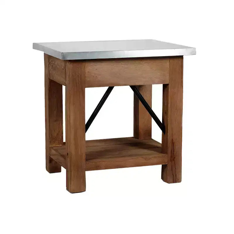 Tavolino con cassetto: Moderno metà secolo, struttura in legno massello marrone, piano in metallo argentato, 56 cm x 46 cm x 56 cm