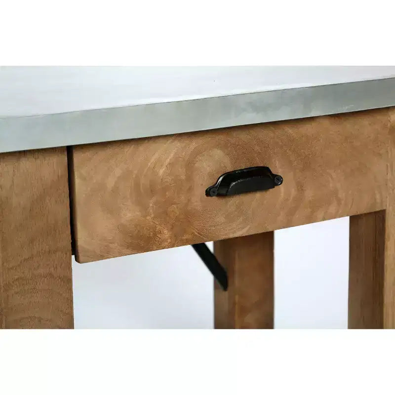 Tavolino con cassetto: Moderno metà secolo, struttura in legno massello marrone, piano in metallo argentato, 56 cm x 46 cm x 56 cm