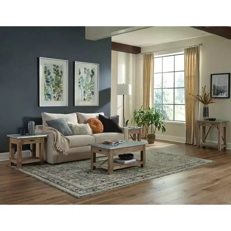 Tavolino con cassetto: Moderno metà secolo, struttura in legno massello marrone, piano in metallo argentato, 56 cm x 46 cm x 56 cm