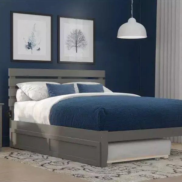 Queen Oxford Bed with USB Turbo Charger and XL Trundle Gray: Solid Hardwood, No Box Spring Needed, Mid-Century Design
