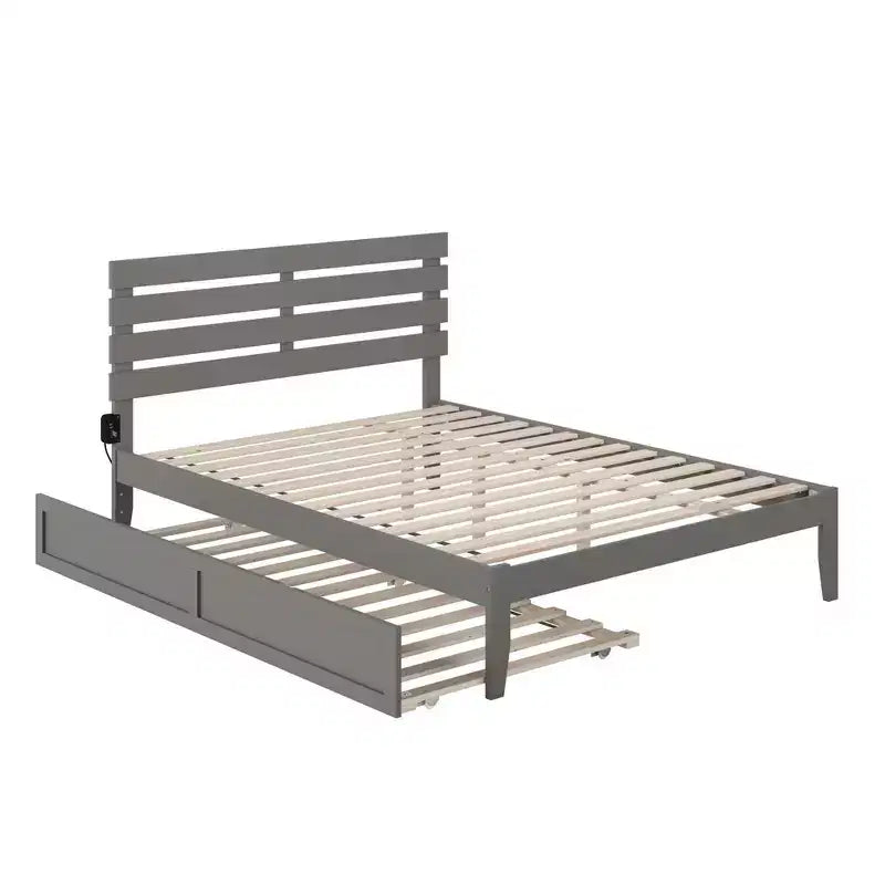 Letto Queen Oxford con Caricabatterie USB Turbo e Letto Estraibile XL Grigio: Legno Massello, Nessuna Rete a Molle Necessaria, Design Mid-Century