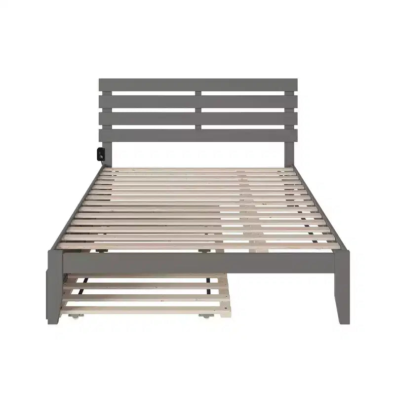 Queen Oxford Bed with USB Turbo Charger and XL Trundle Gray: Solid Hardwood, No Box Spring Needed, Mid-Century Design