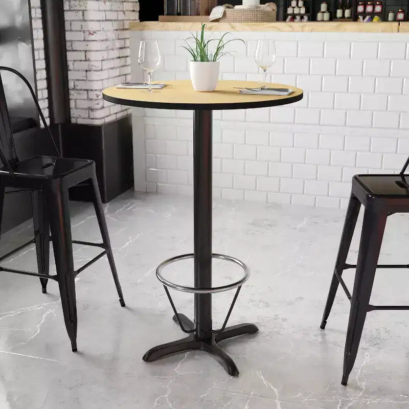 Piano tavolo rotondo in laminato da 30'' con base da tavolo alta da bar da 22'' x 22'' e poggiapiedi ad anello