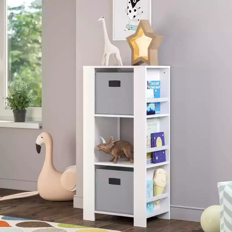 Libreria per Bambini e Torre Organizzatore Giocattoli con 3 Scomparti e 6 Mensole per Libri Bianca con 2 Contenitori in Tessuto