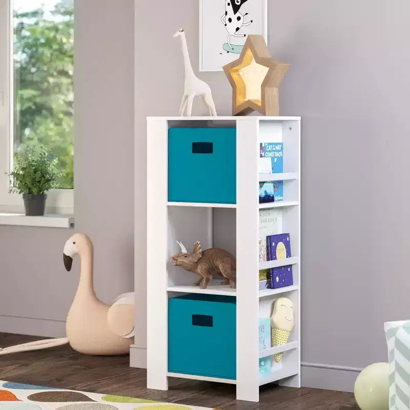 Libreria per Bambini e Torre Organizzatore Giocattoli con 3 Scomparti e 6 Mensole per Libri Bianca con 2 Contenitori in Tessuto