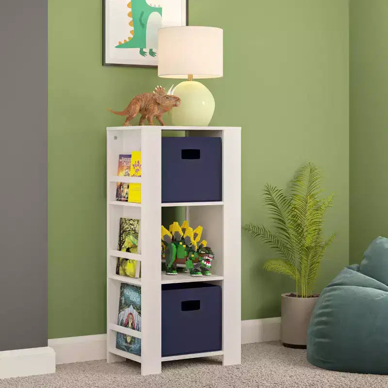 Libreria per Bambini e Torre Organizzatore Giocattoli con 3 Scomparti e 6 Mensole per Libri Bianca con 2 Contenitori in Tessuto