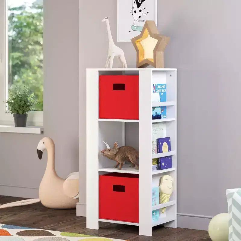 Libreria per Bambini e Torre Organizzatore Giocattoli con 3 Scomparti e 6 Mensole per Libri Bianca con 2 Contenitori in Tessuto