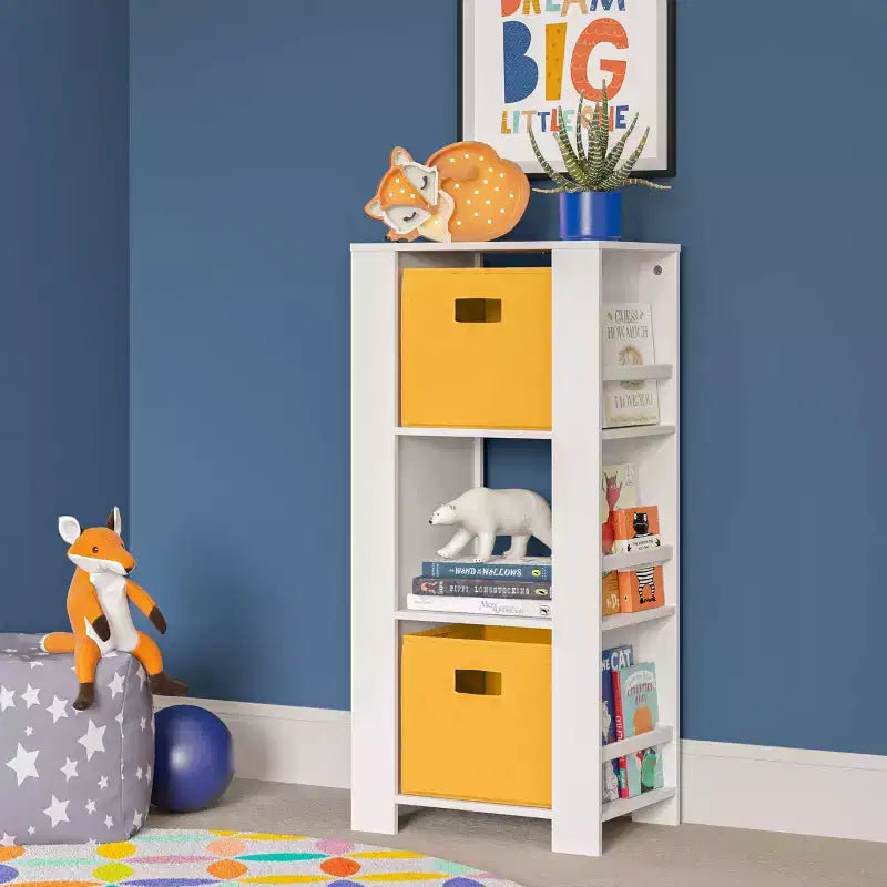 Libreria per Bambini e Torre Organizzatore Giocattoli con 3 Scomparti e 6 Mensole per Libri Bianca con 2 Contenitori in Tessuto