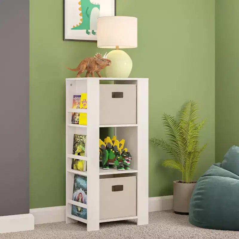 Libreria per Bambini e Torre Organizzatore Giocattoli con 3 Scomparti e 6 Mensole per Libri Bianca con 2 Contenitori in Tessuto