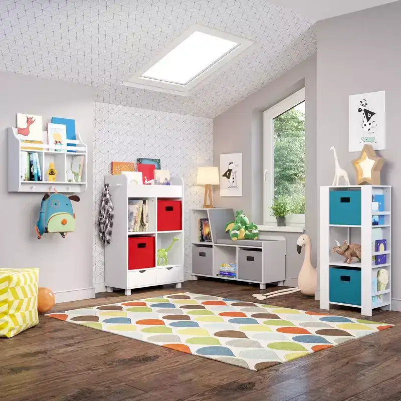 Libreria per Bambini e Torre Organizzatore Giocattoli con 3 Scomparti e 6 Mensole per Libri Bianca con 2 Contenitori in Tessuto