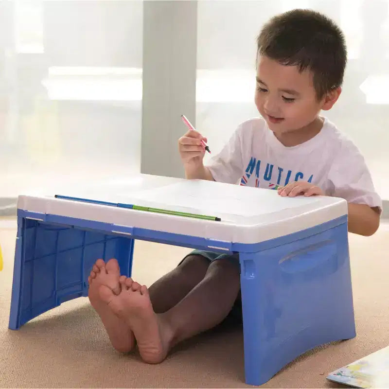 Vassoio da grembo portatile pieghevole in plastica per bambini, blu e bianco