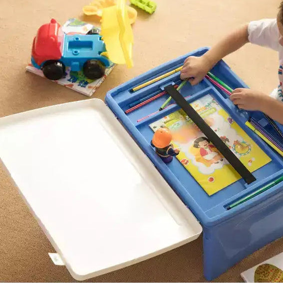 Vassoio da grembo portatile pieghevole in plastica per bambini, blu e bianco