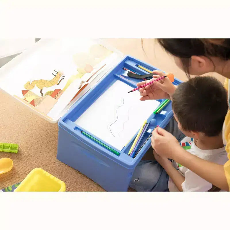 Vassoio da grembo portatile pieghevole in plastica per bambini, blu e bianco