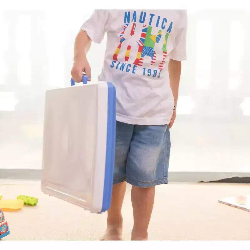 Vassoio da grembo portatile pieghevole in plastica per bambini, blu e bianco