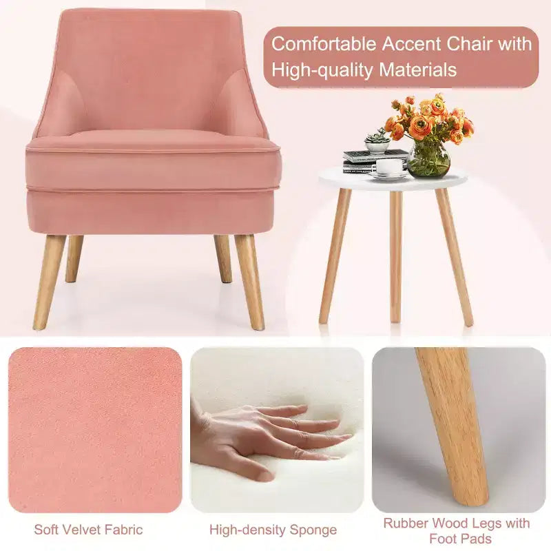 Set di 2 Poltrone Accent in Velluto Poltroncina Singola con Gambe in Legno Massello di Gomma Rosa\Verde\Grigio